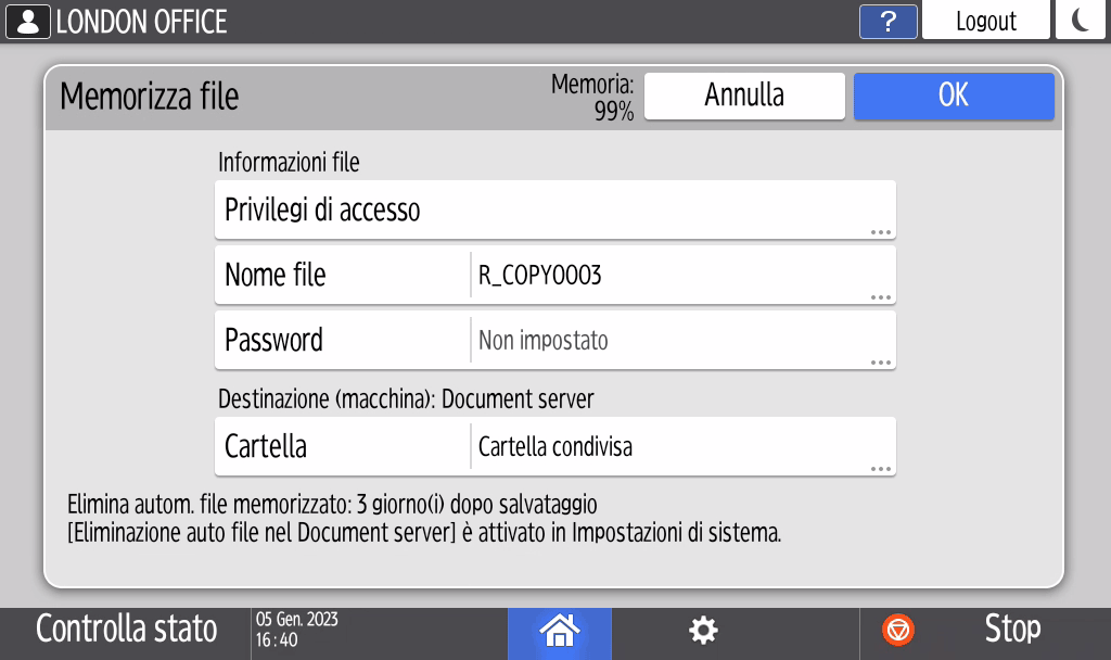 Illustrazione della schermata sul pannello operativo
