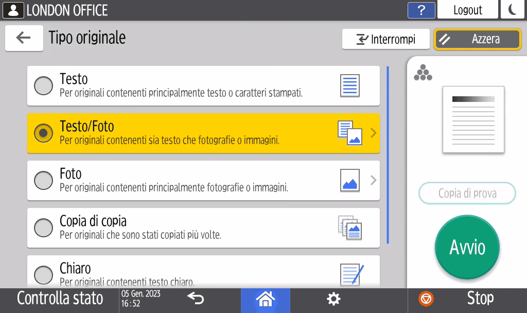 Illustrazione della schermata sul pannello operativo