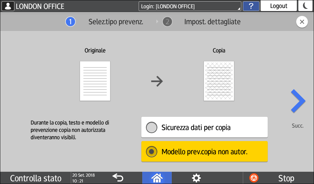 Illustrazione della schermata sul pannello operativo