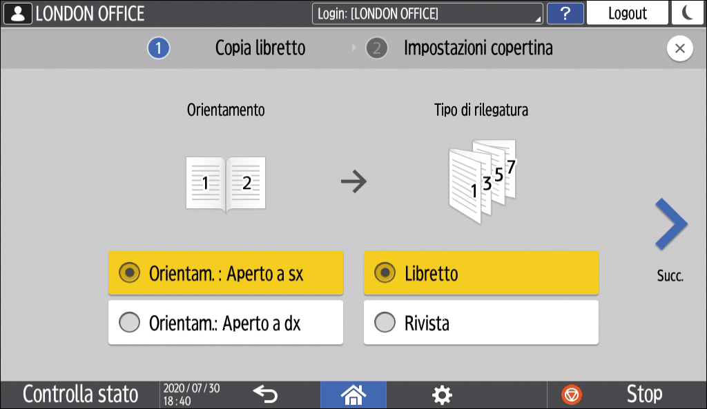 Illustrazione della schermata sul pannello operativo