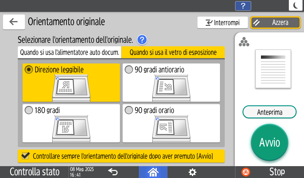 Illustrazione della schermata sul pannello operativo