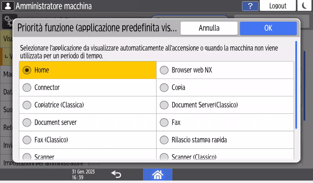 Illustrazione della schermata sul pannello operativo