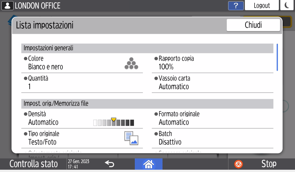 Illustrazione della schermata sul pannello operativo