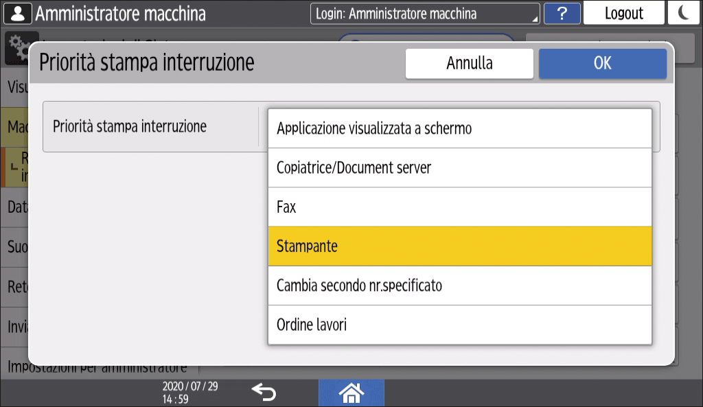 Illustrazione della schermata sul pannello operativo