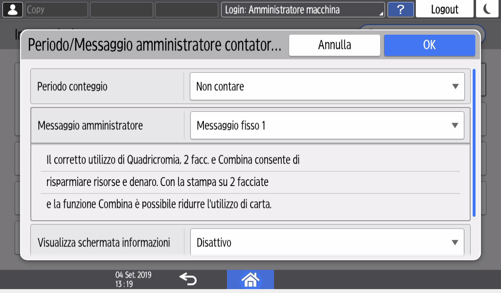 Illustrazione della schermata sul pannello operativo