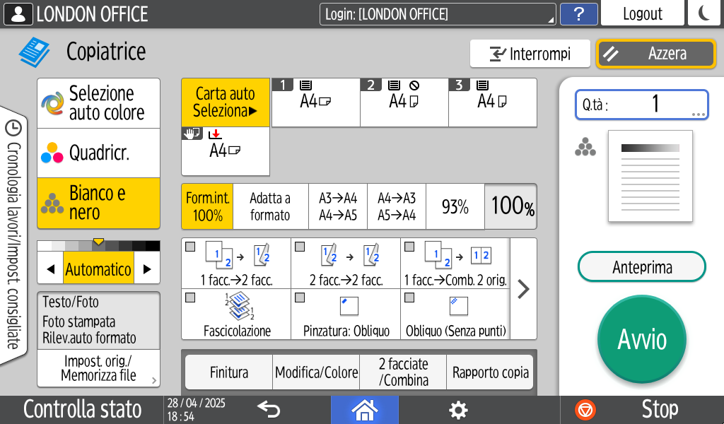 Illustrazione della schermata sul pannello operativo