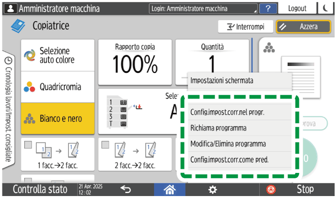 Illustrazione della schermata sul pannello operativo
