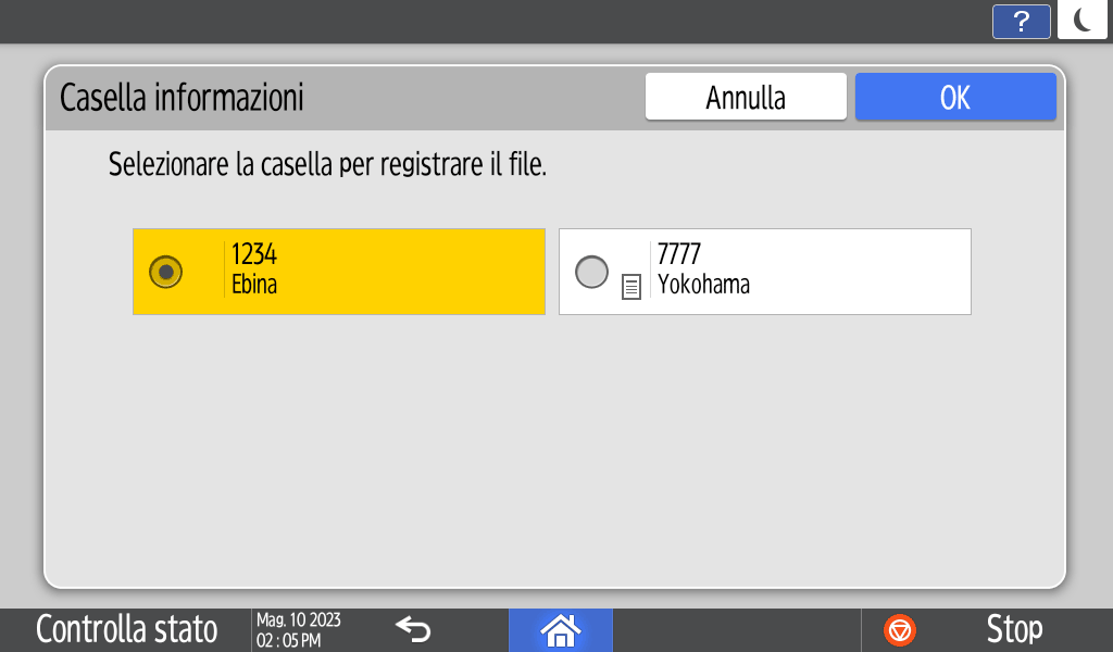 Illustrazione della schermata sul pannello operativo
