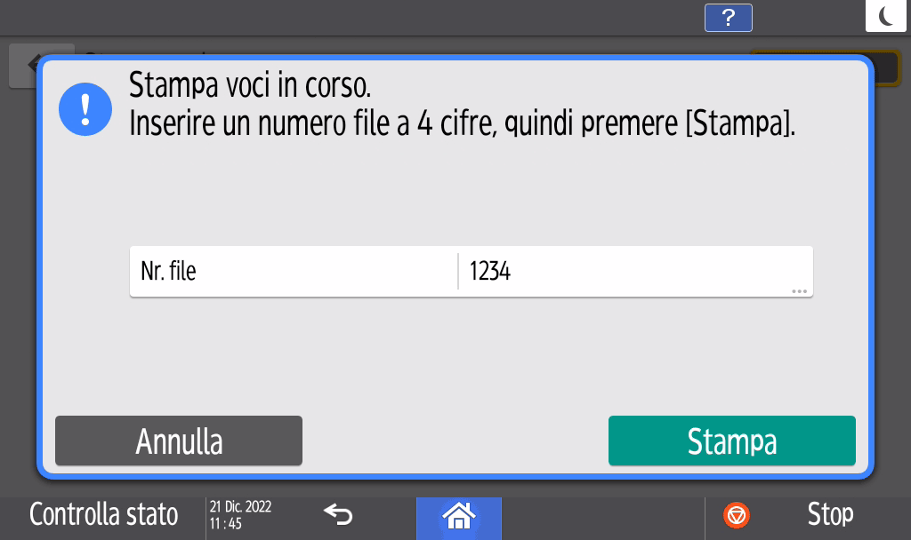 Illustrazione della schermata sul pannello operativo