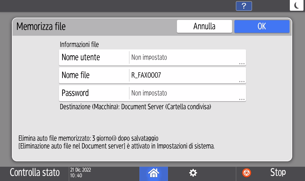 Illustrazione della schermata sul pannello operativo