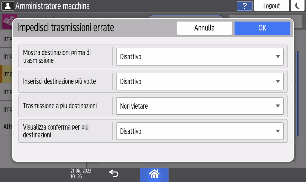 Illustrazione della schermata sul pannello operativo