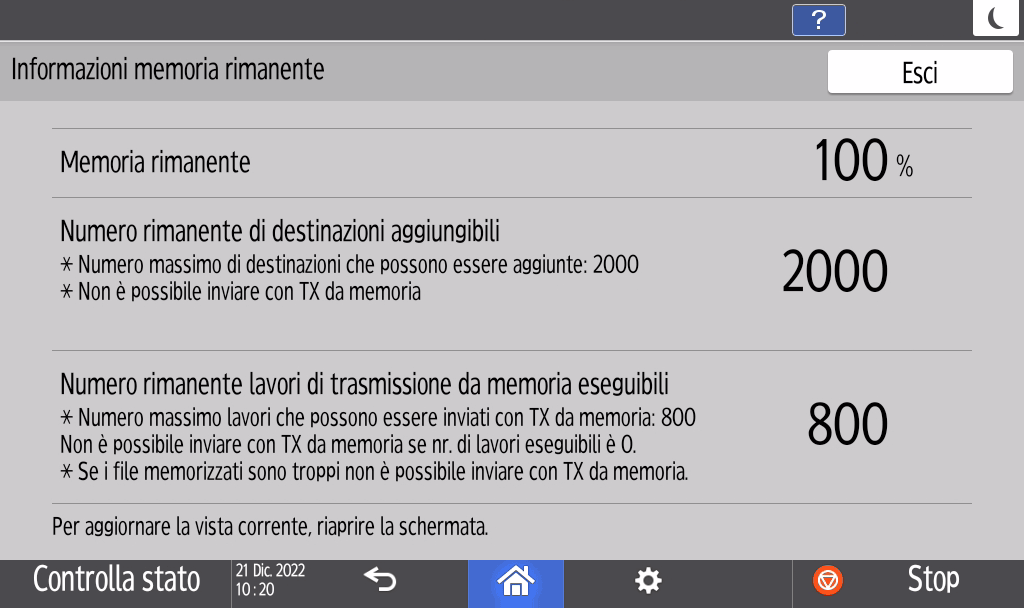 Illustrazione della schermata sul pannello operativo