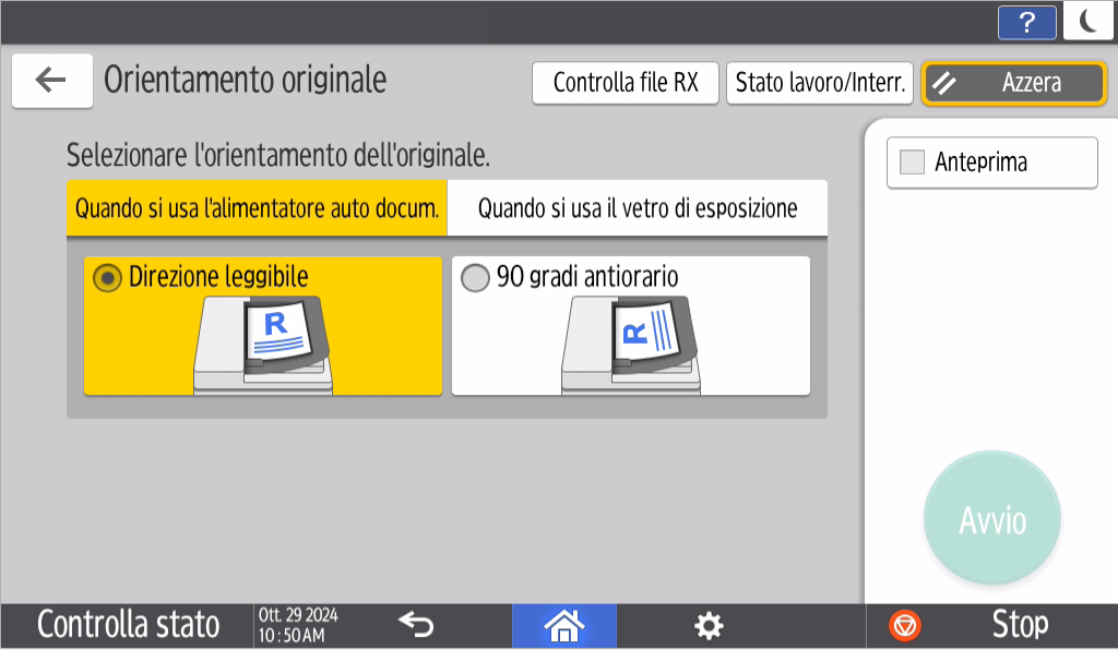Illustrazione della schermata sul pannello operativo