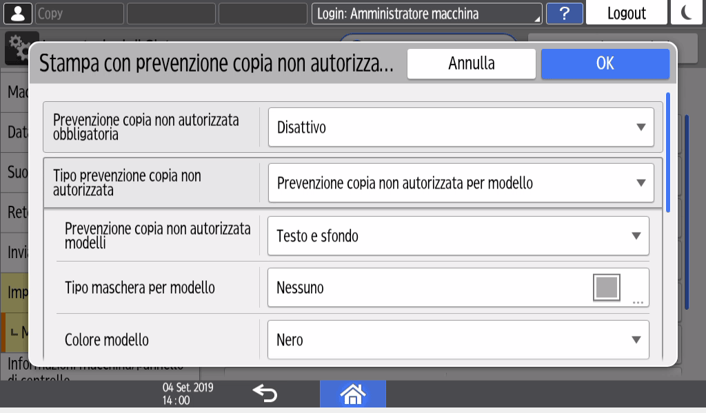 Illustrazione della schermata sul pannello operativo