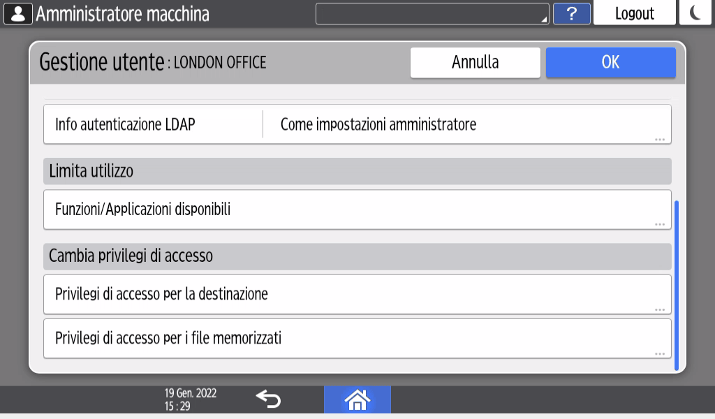 Illustrazione della schermata sul pannello operativo