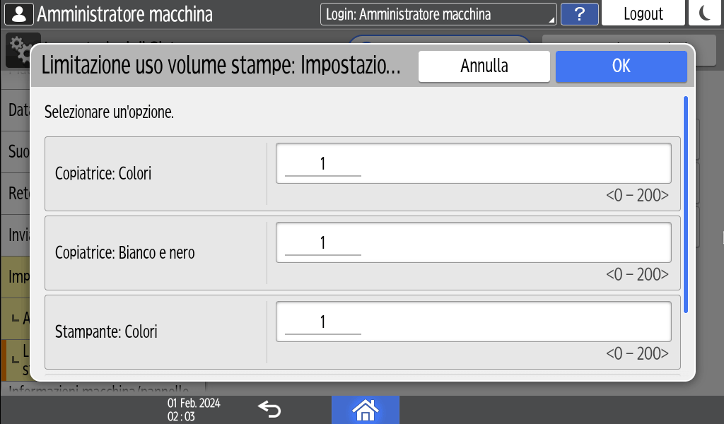Illustrazione della schermata sul pannello operativo
