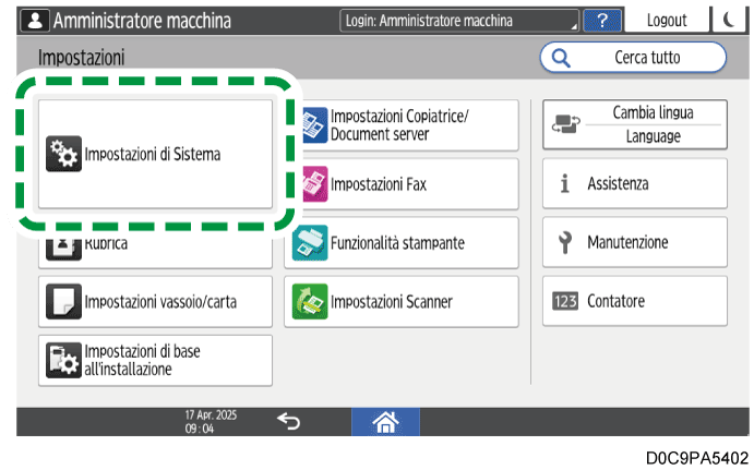 Illustrazione della schermata sul pannello operativo