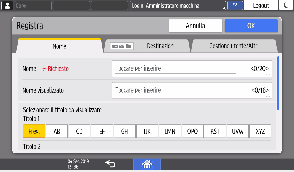 Illustrazione della schermata sul pannello operativo