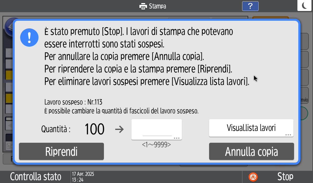 Illustrazione della schermata sul pannello operativo