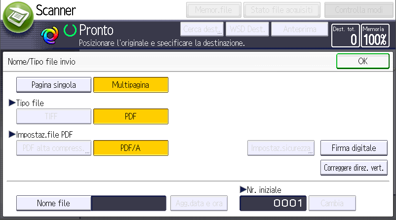Illustrazione della schermata sul pannello operativo