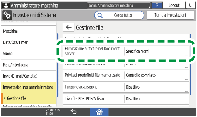 Illustrazione della schermata sul pannello operativo